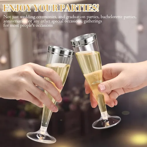 Miniatura 4 de Skylety 100 copas de champán con borde plateado a granel de 4.5 onzas, vasos de plástico transparente para tostar, vasos de mimosa, vasos de cóctel