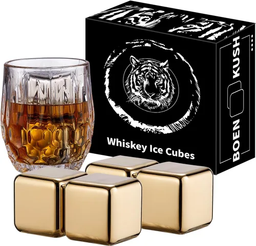 4 Piedras de Whisky Grandes de 64 cm³ (4 cu in) – Set de Regalo para Hombre – Cubos Esféricos de Hielo de Metal de Acero Inoxidable Reutilizables, 4