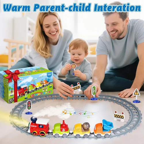 Miniatura 7 de Juego de Tren para Niños Pequeños con Vapor, Sonido y Luces, Juguetes para Niños de 2 a 4 años, Juego de Tren Eléctrico con Pistas y Señales