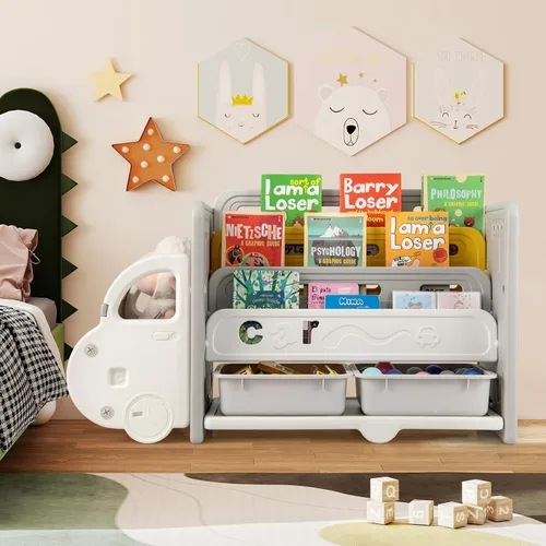 Miniatura 8 de Costzon Organizador de almacenamiento de juguetes en forma de automóvil, estante de juguetes de 3 niveles con estantería, 2 cajas de almacenamiento