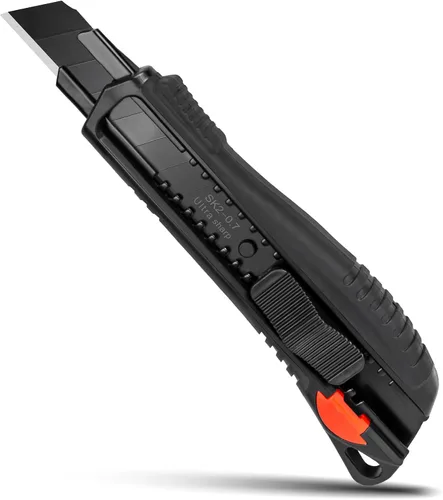 HAUTMEC Cuchillo utilitario de 18 mm con agarre suave y bloqueo automático con interruptor de seguridad rojo, cortador resistente con hoja negra