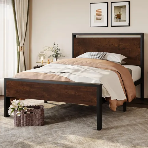 Miniatura 13 de SHA CERLIN Armazón de cama de plataforma metálica de tamaño completo de 14 pulgadas con cabecero y pie de cama de madera, base de colchón, no Roble