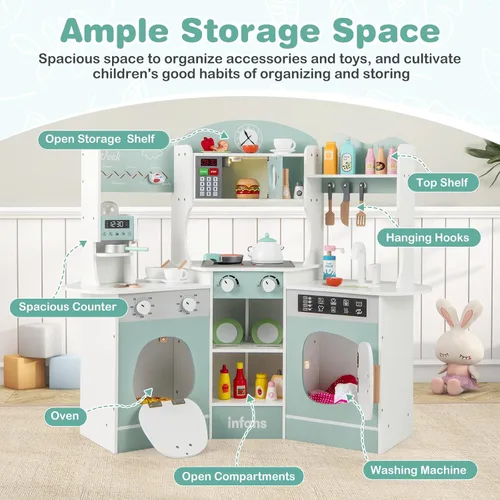 Miniatura 6 de INFANS Juego de cocina esquinera para niños, juego de cocina de madera para niños pequeños con luces, sonidos, máquina de café, lavadora, gabinete