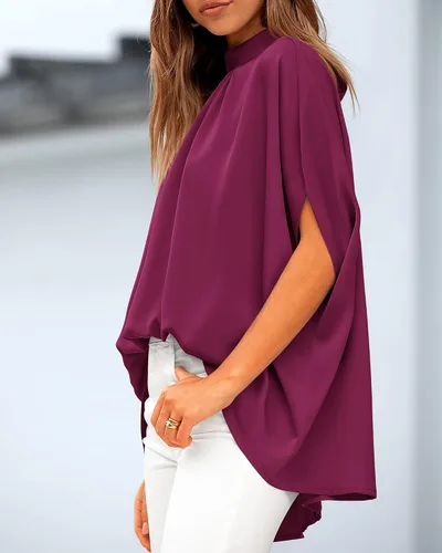 Miniatura 100 de BTFBM Blusas de verano para mujer, cuello alto falso, manga murciélago, holgadas, dobladillo alto y bajo, blusas informales de gran