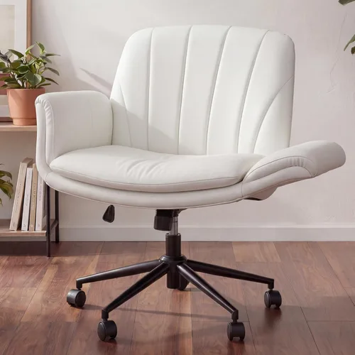 Miniatura 11 de Dowinx Silla Criss Cross con brazos y ruedas ajustables de cinco niveles - Cómoda silla giratoria ergonómica de cuero PU para tocador - Silla
