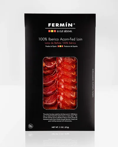 Fermín A cortado por encima de 100% ibérico de bellota de lomo en rodajas (Lomo de Bellota, 100% ibérico en lonchas) Paquete de 2 oz (1)