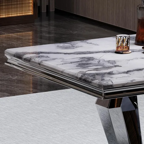 Miniatura 7 de ACEDÉCOR Mesa de comedor, mesa de comedor rectangular moderna de 78 pulgadas para 6-8 personas, parte superior de textura gris y base geométrica
