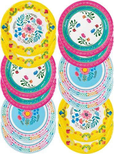 Talking Tables 12 platos de papel florales bohemios de 9 pulgadas, decoraciones del Cinco de Mayo, platos de papel mexicano, platos de fiesta,