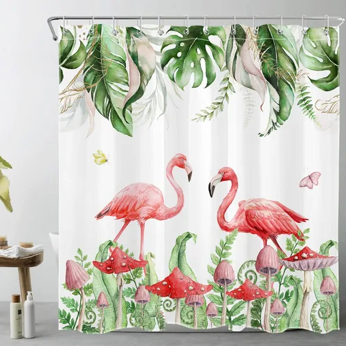 Miniatura 10 de Juego de cortinas de ducha de flamenco rosa, hoja verde salvia con hongo rojo, cortina de ducha para baño, cortina de ducha tropical de hoja