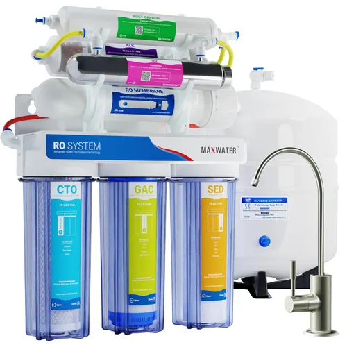 Max Water 11 etapas 50 GPD (galones por día) RO (ósmosis inversa) + U - V y pH alcalino (5 en 1) sistema de filtro de agua debajo del fregadero para