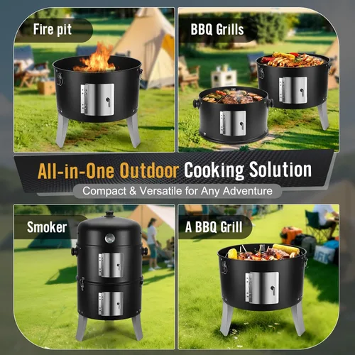 Miniatura 3 de Ahumador de carbón para carne: Parrillas de carbón para barbacoa 4 en 1 resistentes de 16 pulgadas - Combo de parrilla vertical para ahumar barbacoa