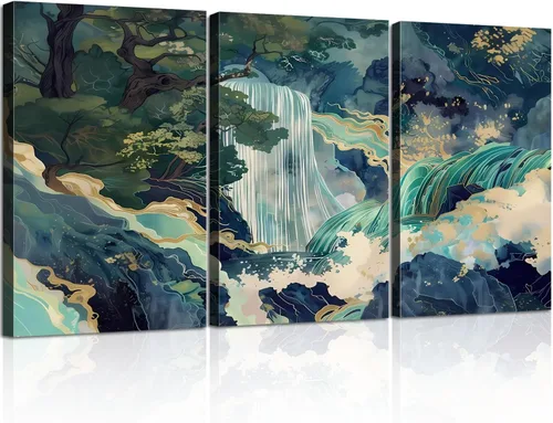 3 piezas de lienzo japonés enmarcado para pared, pintura de paisaje de cascada grande, póster impreso en lienzo envolvente, obra de arte de