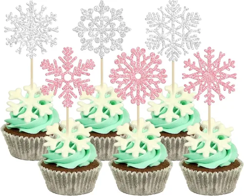 Miniatura 11 de 24 piezas de adornos para cupcakes de copo de nieve, copo de nieve azul con purpurina, adornos para cupcakes de invierno, adornos para pasteles