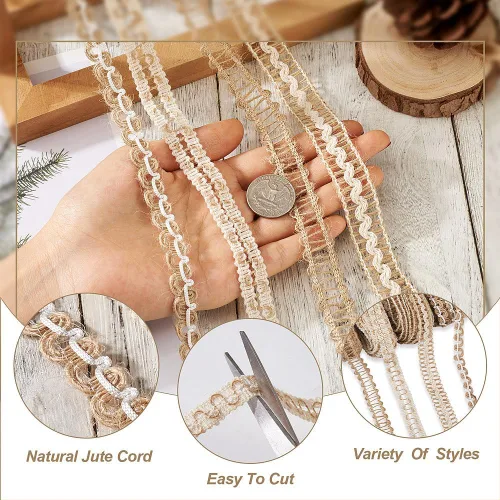 Miniatura 2 de PH PandaHall 4 rollos de cintas de arpillera natural, cintas de encaje de yute, cintas finas para manualidades, cuerda rústica para envolver