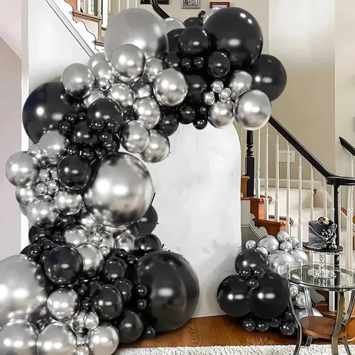Miniatura 5 de Globos negros y metálicos plateados, 50 piezas de globos negros y plateados de 12 pulgadas, globos para fiestas para cumpleaños, graduación, Año
