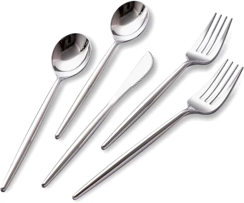 SUT 150 piezas de cubiertos de plástico plateados, cubiertos desechables plateados, cubiertos desechables resistentes, utensilios de plástico que