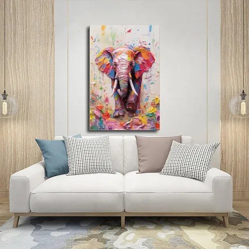 Miniatura 5 de Fyzuf Arte de pared de elefante - Pintura al óleo sobre lienzo, estilo cubismo, elefante colorido, estético, 12 x 18 pulgadas (11.8 x 17.7 in), sin