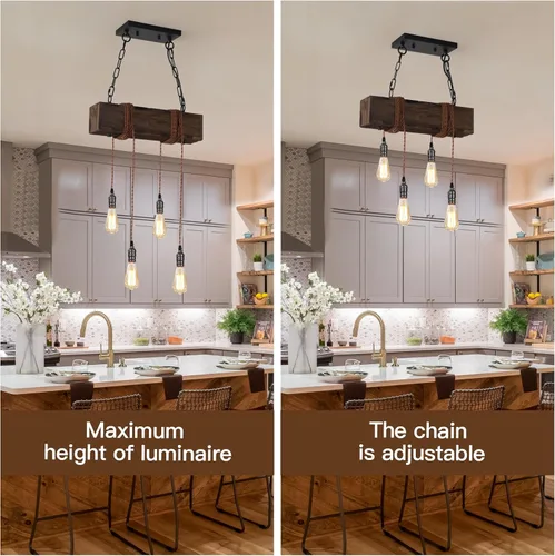 Miniatura 2 de KEESFU 4 luces colgantes de granja para isla de cocina, luz colgante de techo de madera rústica, altura ajustable, lámpara de comedor para isla