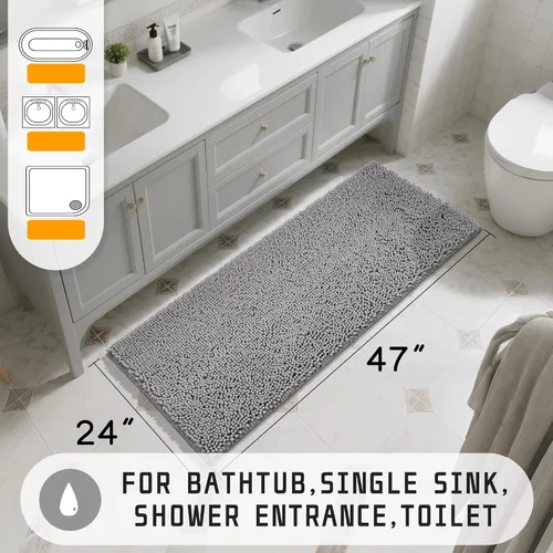 Miniatura 2 de Yimobra Alfombras de Baño Largas 47"x24", Alfombrilla de Baño Extra Suave Antideslizante para Bañera, Alfombra Peluda Súper Absorbente de Secado Gris