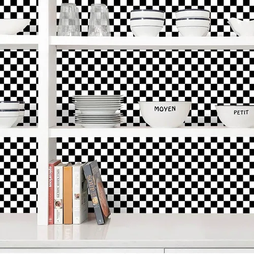 Miniatura 7 de Papel Adhesivo en Contacto Blanco y Negro en Mosaico a Cuadros, Papel Pintado Desmontable y Autoadhesivo en Lattice, Vinilo Impermeable en Rollo