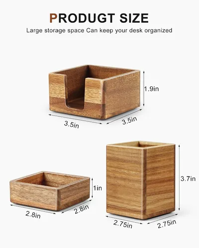 Miniatura 3 de Juego de organizador de escritorio de madera de acacia con soporte para notas adhesivas, vaso para lápices y bolígrafos y almacenamiento de clips