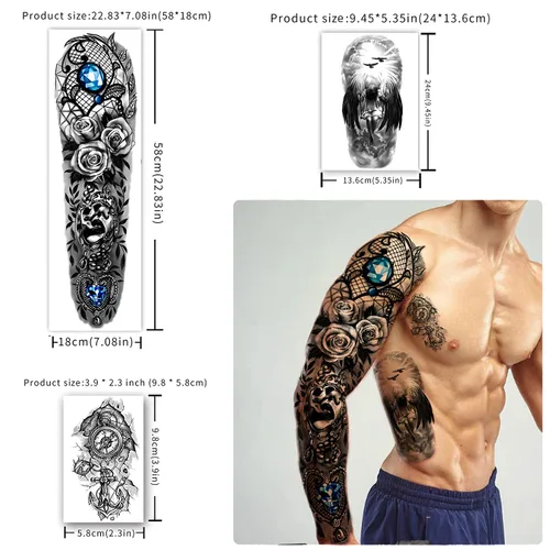 Miniatura 2 de Tatuaje Temporal de Brazo Completo Impermeable para Hombres (L22.8" x A7"), 46 Hojas de Tatuajes Falsos para Mujeres León Tigre Reloj Flor Esqueleto