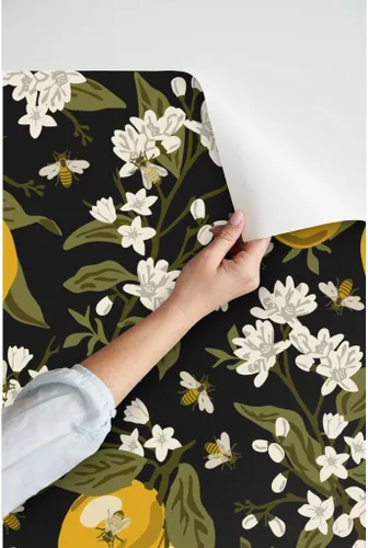 Miniatura 3 de Papel tapiz para despegar y pegar, abejas, limones, negro, grande, moderno, cítrico, tradicional, extraíble, por Spoonflower