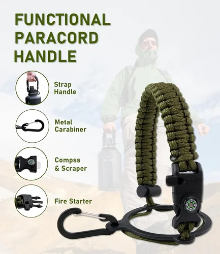 Miniatura 5 de Botella de agua aislada de 64 onzas con tapa de popote y tapa de boquilla, jarra de agua de medio galón de acero inoxidable con mango de paracord