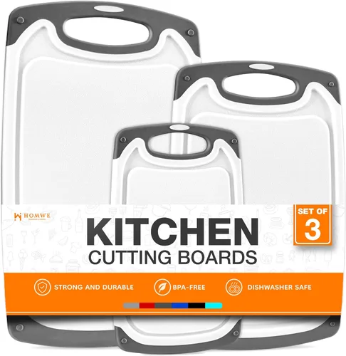 Miniatura 12 de Tablas de cortar para cocina, tabla de cortar sin BPA, diferentes tamaños y asas antideslizantes, juego de tablas de cortar reversibles, grandes