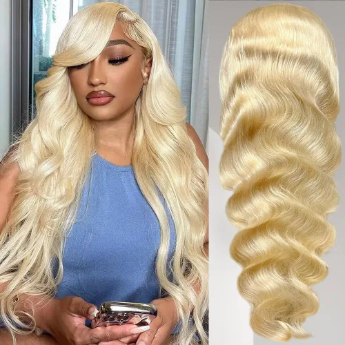 Miniatura 69 de Peluca de cabello humano con encaje frontal de onda corporal, rubio 613, brasileña 13x4, peluca frontal de encaje rubio de 200 densidad, nudos Rubio