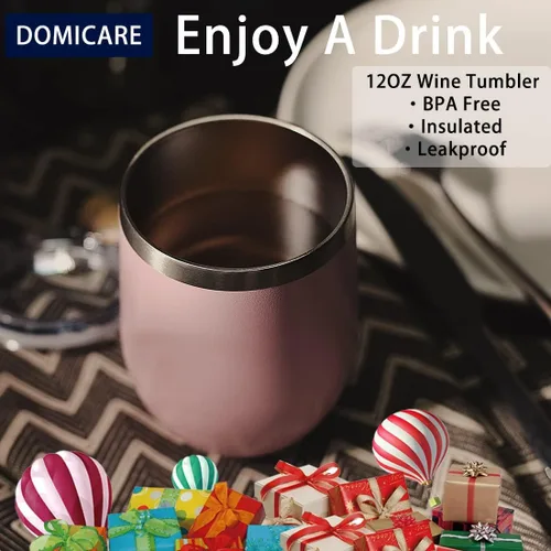 Miniatura 5 de DOMICARE - Juego de 16 vasos de vino de 12 onzas con tapa, hechos de acero inoxidable con aislamiento al vacío de doble pared, color rosado