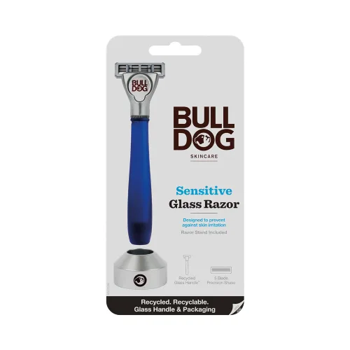 Bulldog Maquinilla de afeitar con mango de vidrio reciclado sensible para el cuidado de la piel y aseo para hombre con soporte para ma