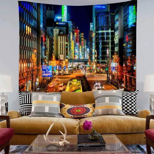 Miniatura 6 de Aidatain Tapiz de ciudad japonesa, paisaje urbano de Japón, tapiz de pared, tapiz de escena nocturna de Tokio, tamaño 84 x 90 pulgadas, tapices