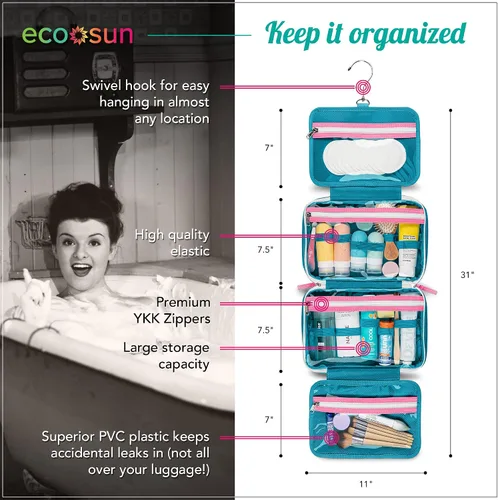 Miniatura 3 de Eco Sun - Neceser de viaje colgante — Diseñado en Hawái — Organizador de viaje resistente al agua para accesorios de baño, Colgar