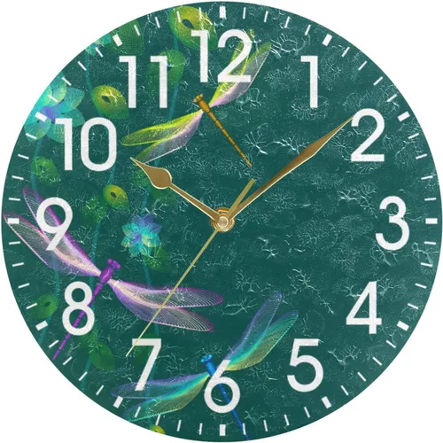 ALAZA Decoración para el hogar, diseño vintage de libélula y flor de 9.5 pulgadas, redondo, acrílico, reloj de pared, sin tictac, arte silencioso