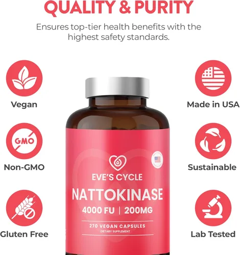 Miniatura 5 de Eve's Cycle Suplemento Nattokinase 4000 FU - 270 cápsulas veganas de Natto - Enzima japonesa premium, anticoagulante natural, orgánico, sin