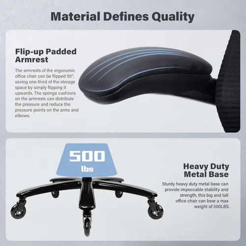 Miniatura 6 de Silla de oficina grande y alta de 500 libras, silla de escritorio ergonómica de malla resistente, silla de computadora con respaldo alto, Negro