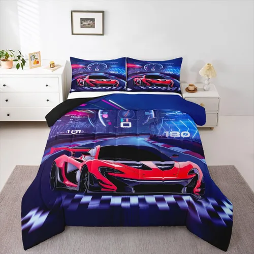 Miniatura 44 de Feelyou Juego de edredón azul de carreras para niños, juego de ropa de cama de coche deportivo para niños y niños, edredón deportivo geométrico a