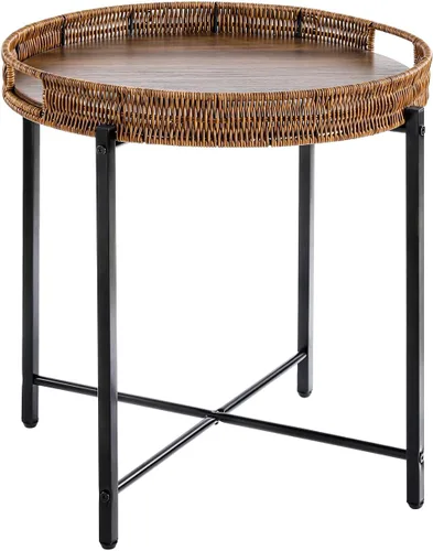 Mesa auxiliar redonda de ratán de 19 pulgadas con bandeja de madera, pequeña mesa auxiliar de mimbre redonda de madera, mesa auxiliar de ratán para
