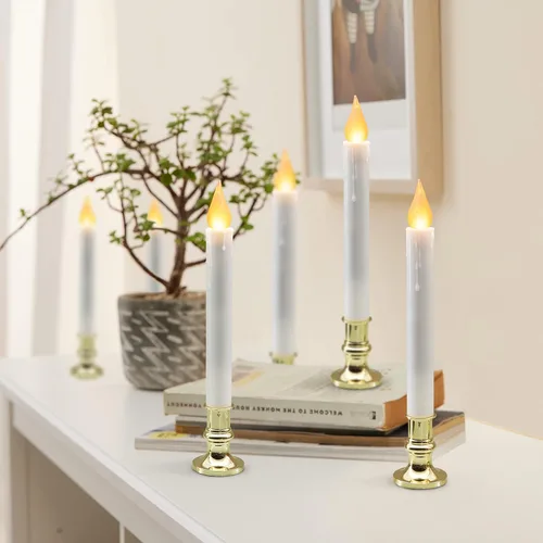 Miniatura 6 de FURORA LIGHTING Velas LED cónicas blancas con soportes dorados, paquete de 2 con temporizador de 5/19, elegante brillo sin llama para decoración