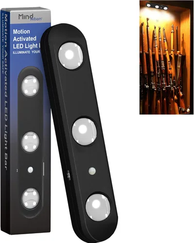 MIND&ACTION Luces seguras para armas, luz LED activada por movimiento para gabinete seguro de armas, lente LED giratoria ultra brillante para negro