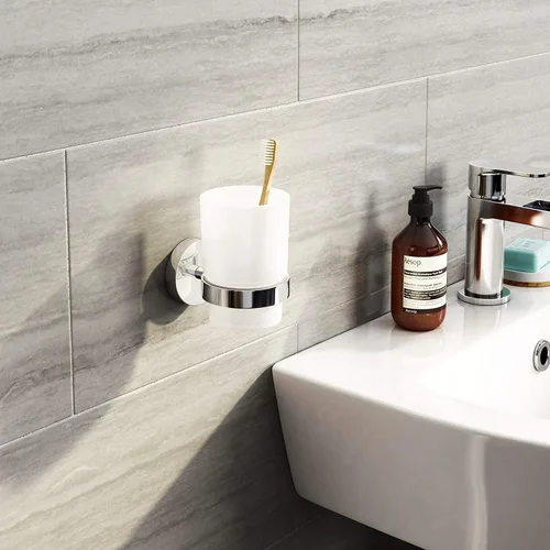Miniatura 4 de Vaso de vidrio para cepillo de dientes con soporte de acero inoxidable para montaje en pared cromado