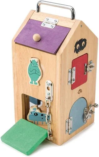 Miniatura 6 de Tender Leaf Toys Caja de bloqueo de madera Monster - 8 puertas diferentes con varios mecanismos de bloqueo ayuda a desarrollar habilidades