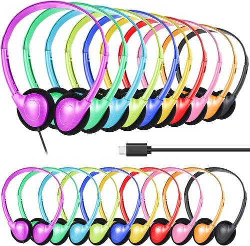 Miniatura 10 de Auriculares USB tipo C a granel para niños, aula, escuela, paquete de 10, auriculares USB C con cable para escuela, estudiantes y niños, compatibles