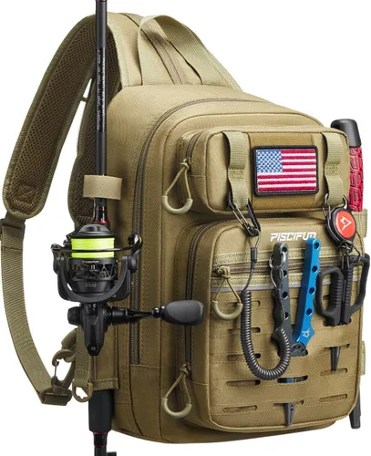 Miniatura 13 de Mochila Piscifun impermeable, de un solo hombro para almacenar los aparejos de pesca. Bolsa de correa cruzada multifuncional para camping, Doble