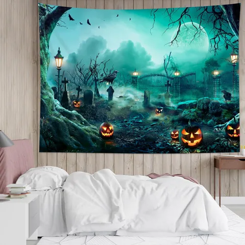 Miniatura 41 de HVEST Tapiz de noche de Halloween, tapiz para colgar en la pared, bosque embrujado con tumba y calabazas, manta de pared para dormitorio, sala