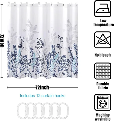 Miniatura 7 de Neasow Cortina de ducha azul y gris, cortina de baño floral de acuarela verde azulado y blanco, 72 x 72 pulgadas