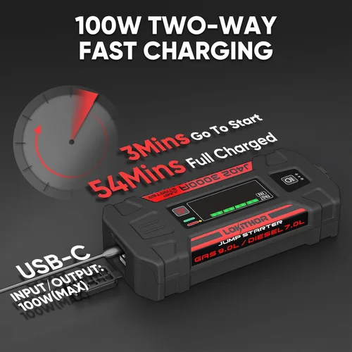 Miniatura 3 de Lokithor J402 Jump Starter 3000A 12V 24000Amh Batería portátil de litio para automóviles de hasta 9.0L de gas y 7.0L Diesel con carga rápida de 100
