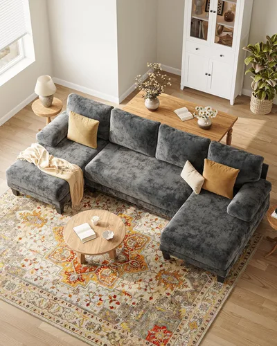 Miniatura 3 de Sofás seccionales en forma de U para sala de estar, sofá modular moderno de 112 pulgadas, sofá de felpilla gris oscuro con diván doble