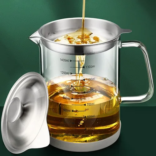 Miniatura 8 de Contenedor de grasa de tocino de vidrio de 1L/35 oz con colador, lata de almacenamiento de aceite de cocina con filtro y escala de malla fina, tapa